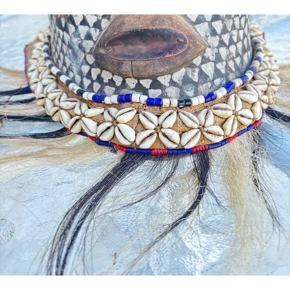 Ibo Tribe Tribal HEALING Mask Cowrie Shells Zebra Mane Metal Work details Large